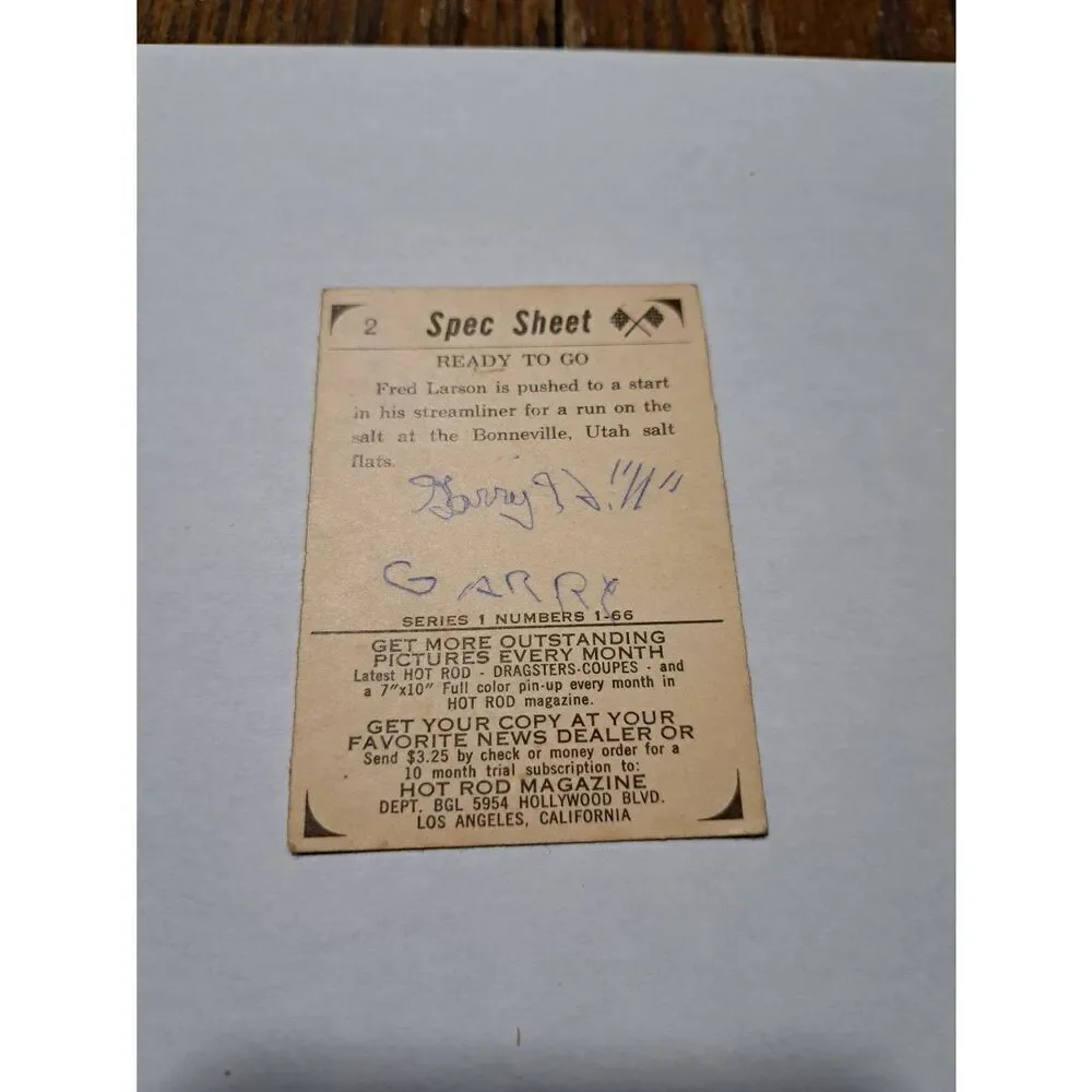 Vintage 1965 Hot Rod Magazine #2 Spec Sheet Fred Larson Streamliner Trading Card